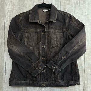 Ashley Button Up Petite Black Denim Jean Jacket WMNS PM Beaded Embroidery